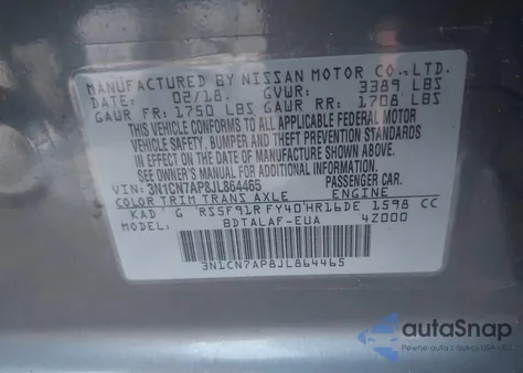 2018 Nissan Versa 1.6 S from USA, damaged, VIN 3N1CN7AP8JL864465